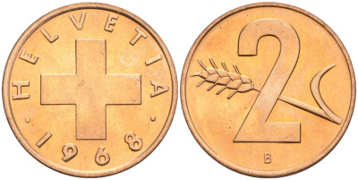 Швейцария 2 раппена 1968 В KM 47 бронза UNC 4571-237