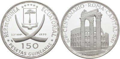Экваториальная Гвинея 150 песет 1970 100 лет Риму как столице Италии, Колизей KM 15 серебро PROOF 11-124-34