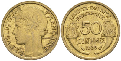 ФРАНЦИЯ 50 САНТИМОВ 1939 ТИП MORLON KM 894.1, LE FRANC 192.15 алюминиевая бронза 44-766