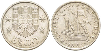 ПОРТУГАЛИЯ 5 ЭСКУДО 1983 ПАРУСНИК KM 591 медно-никель 4513-1055