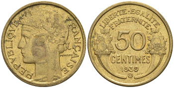 ФРАНЦИЯ 50 САНТИМОВ 1939 В, ТИП MORLON, МОНДВОР БРЮССЕЛЬ KM 894.2, LE FRANC 192.16 алюминиевая бронза 44-919