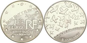 Франция 1 1/2 евро 2005 60 лет мира в Европе, голуби мира КМ 1441 серебро PROOF 1066-8-32