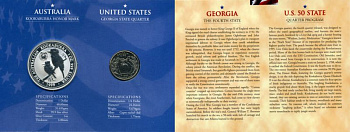 Австралия 1 доллар 1999 (серебро) с памятной маркировкой и США 25 центов 1999 штат Джорджия в красочном буклете 4-5-1-3