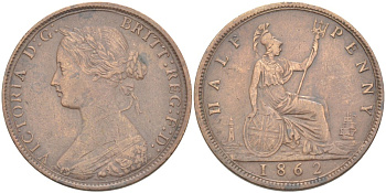 Великобритания 1/2 пенни 1862 Виктория (1837-1901) KM 748.2, Spink 3956 бронза 4543-1145