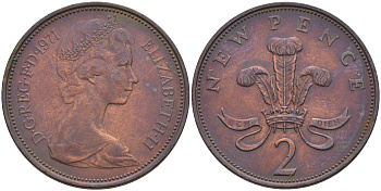 Великобритания 2 пенса 1971 Елизавета II (1952-2022) KM 916, Spink 4235 (C1) бронза 4592-257
