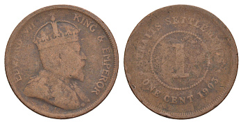Стрейтс Сетлментс 1 цент 1903 Эруард VII (1901-1910) KM 19 бронза 4642-416