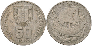 Португалия 50 эскудо 1987 парусник KM 636 медно-никель 4619-717