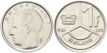 Бельгия 1 франк 1993 Belgie, Бодуэн I (1951-1993) KM 171 нержавеющая сталь 4614-119