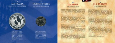 Австралия 1 доллар 1999 (серебро) с памятной маркировкой и США 25 центов 1999 штат Джорджия в красочном буклете 4-5-1-3