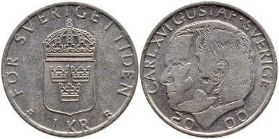 Швеция 1 крона 2000 Карл XVI Густав (1973- ) KM 852а медно-никель 4379-447