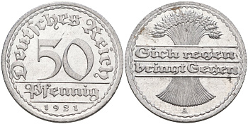 Германия 50 пфеннигов 1921 A KM 27, J.301, Weege 10 алюминий UNC 4584-845