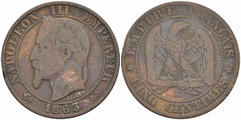 ФРАНЦИЯ 5 САНТИМОВ 1863 K, НАПОЛЕОН III (1852-1870) KM 797.3, LE FRANC 117.10 бронза 108-541