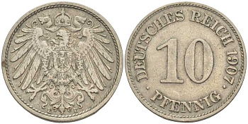 Германия 10 пфеннигов 1907 E KM 12, J. 13 медно-никель 31-241