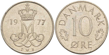 ДАНИЯ 10 ЭРЕ 1977 S; B, МАРГРЕТЕ II (1972-) KM 860.1 медно-никель 4387-1221