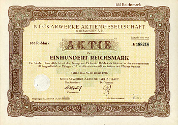 Германия 100 рейхсмарок 1928 АО Неккарверке в Эсслингене, акция   бумага  8801-73-1