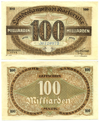 КАРЛСРУЭ 100000000000 МАРОК 1923 НОТГЕЛЬД, НОЯБРЬ 1923, ЗЕМЛЯ БАДЕН-ВЮРТЕМБЕРГ бумага 7146-19-3-1