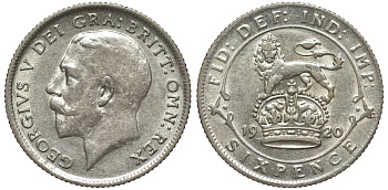 Великобритания 6 пенсов 1920 Георг V (1910-1936), пограничный год KM 815 или 815a.1, Spink 4014 или 4024 серебро серебро 4539-135 aUNC 75-951