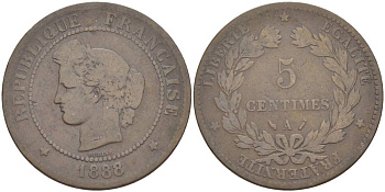 ФРАНЦИЯ 5 САНТИМОВ 1888 A, ТРЕТЬЯ РЕСПУБЛИКА (1871-1940) KM 821.1, LE FRANC 118.31 бронза 4551-1257