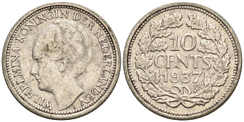 Нидерланды 10 центов 1937 Вильгельмина I (1890-1948) КМ 163 серебро 116-642