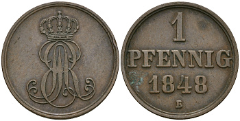 Ганновер 1 пфенниг 1848 B, Эрнст Август (1837-1851) KM 201.1, AKS 129, J. 74 медь 08-1436