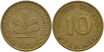 ФРГ 10 пфеннигов 1978 F J. 383, KM 108 сталь плакированная латунью    4603-437