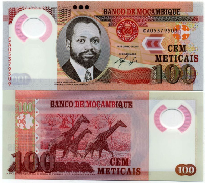 Мозамбик 100 метикалов 2011 Самора Машел, жирафы Pick 151 a пластик UNC (пресс) 448-103-3