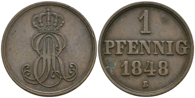 Ганновер 1 пфенниг 1848 B, Эрнст Август (1837-1851) KM 201.1, AKS 129, J. 74 медь 08-1436