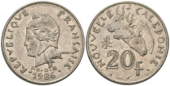 Французская Новая Каледония 20 франков 1986 три быка, (IEOM) KM 12, Schoen 14, Lec 112 никель 4123-836