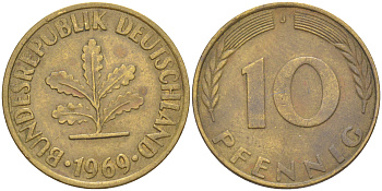 ФРГ 10 пфеннигов 1969 J KM 108, J. 383 сталь плакированная латунью 54-2011