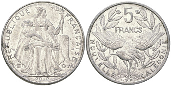Французская Новая Каледония 5 франков 2010 птица кагу, (IEOM) KM 16, Schoen 12, Lec 81k алюминий 4111-632