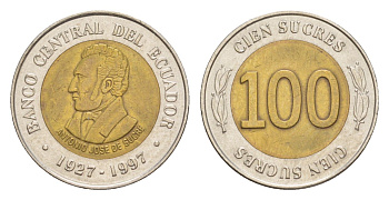 Эквадор 100 сукре 1997 70 лет Центробанку KM 101 биметалл UNC 4640-1248