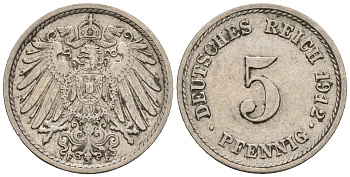 Германия 5 пфеннигов 1912 F, KM 11, J. 12 медно-никель 220-645