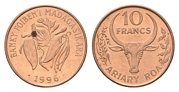 Мадагаскар 10 франков 1996 год-тип KM 22 сталь плакированная медью UNC 4669-513
