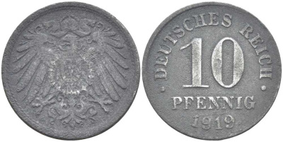 ГЕРМАНИЯ 10 ПФЕННИГОВ 1919 KM 26, J. 299 цинк 4401-141
