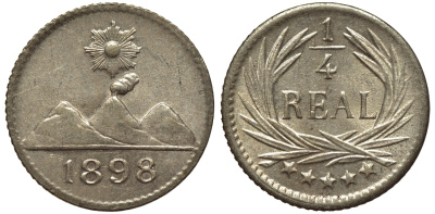 Гватемала 1/4 реала 1898 5 звезд, Испанское правление KM 162 серебро 4532-1242