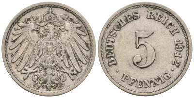 Германия 5 пфеннигов 1912 F, KM 11, J. 12 медно-никель 220-645