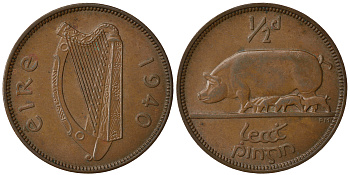 Ирландия 1/2 пенни 1940 свинья с поросятами KM 10 бронза 1525-915
