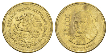 Мексика 1000 песо 1989 Мо, Хуана де Асбахе KM 536 алюминиевая бронза 4634-341