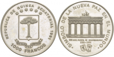 Экваториальная Гвинея 1000 франков 1991 Бранденбургские ворота KM 68 медно-никель PROOF 1078-7-52