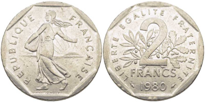 ФРАНЦИЯ 2 ФРАНКА 1980 СЕЯТЕЛЬ KM 942.1, LE FRANC 272.4 никель 111-1046