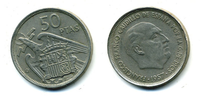 ИСПАНИЯ 50 ПЕСЕТ 1958 1957 ГОД ФРАНЦИСКО ФРАНКО KM 788 медно-никель 41-1013