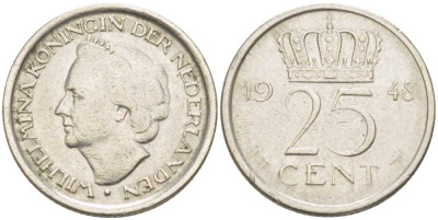 НИДЕРЛАНДЫ 25 ЦЕНТОВ 1948 ВИЛЬГЕЛЬМИНА (1890-1948) KM 177 никель 214-867