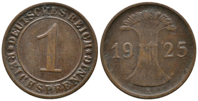 ГЕРМАНИЯ 1 РЕЙХСПФЕННИГ 1925 E KM 37, J. 313 бронза 39-914