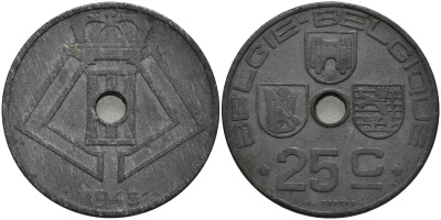 Бельгия 25 сантимов 1945 Belgie-Belgique, Леопольд III (1934-1947), германская оккупация KM 132 цинк 4171-655