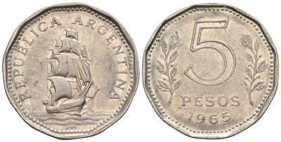 Аргентина 5 песо 1965 фрегат "Президент Сармьенто" KM 59, Schon 59, CJ 293 сталь плакированная никелем    60-934