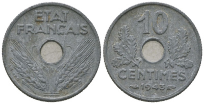 Франция 10 сантимов 1943 KM 903, Le Franc 142/2 цинк 4164-1147