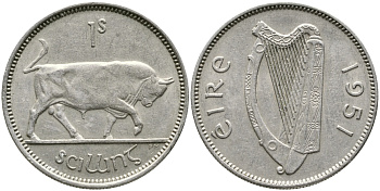 ИРЛАНДИЯ 1 ШИЛЛИНГ 1951 БЫК KM 14а медно-никель 28-827