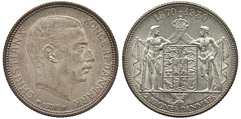 Дания 2 кроны 1930 N; AH, 60 лет королю Кристиану X (1870-1930) KM 829 серебро 69-416
