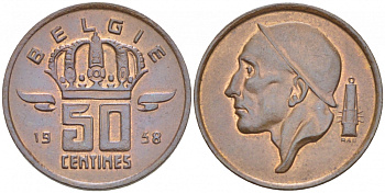 БЕЛЬГИЯ 50 САНТИМОВ 1958 BELGIE KM 149.1 бронза 3996-1243
