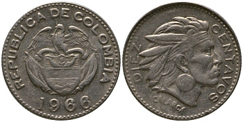 Колумбия 10 сентаво 1966 KM 212.2, Restrepo 380.13 медно-никель 4576-1046